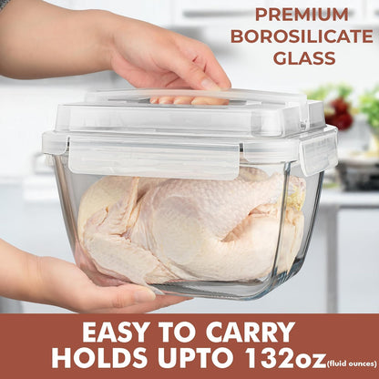 Razab 17 Cups / 132 Oz / 3900ml Large Glass Food Storage Containers with Lids - Leakproof, BPA-Free Large Meal Prep Container Ideal for Roasting Turkey, Store Leftover - Microwave & Oven Safe