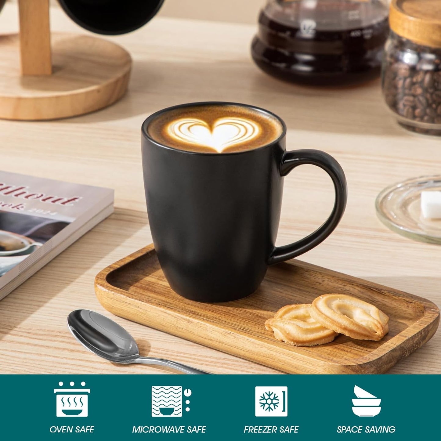 vancasso PLAYA Ceramic Coffee Mug Set of 6, 12 Oz Tea Cups with Handle for Latte, Tea, Cappuccino, Milk, Cocoa, Microwave&Dishwasher Safe, Black