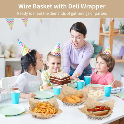 24 PCS Food Serving Wire Baskets, 9.8 x 9.8 x 1.8 Inch Wire Bread Baskets with 100 Sheets Deli Wrapper, Metal Snack Basket with Oil-Absorbing Paper for Restaurant Party