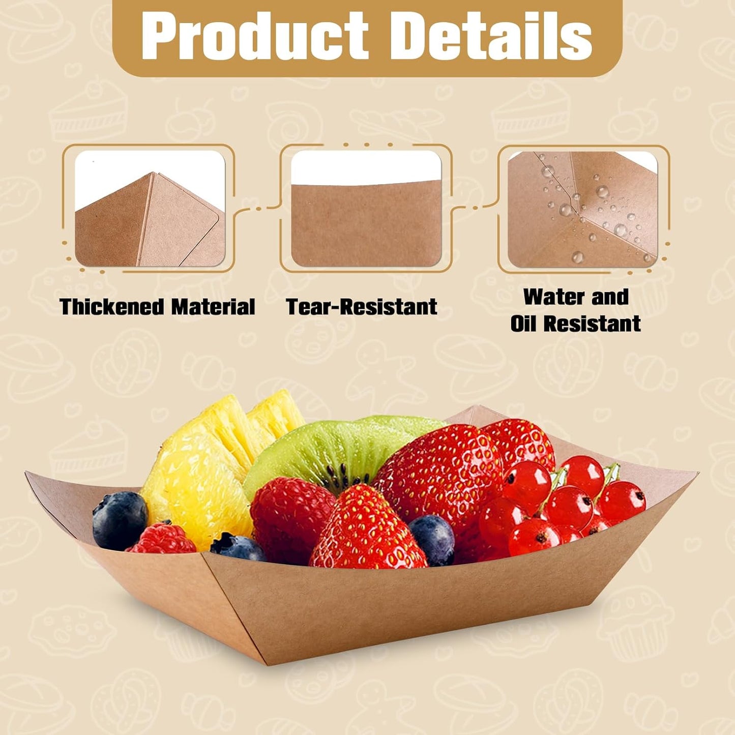 100 Pack Paper Food Boats, 3 Lb Heavy Duty Kraft Paper Food Trays, Disposable Serving Basket, Disposable Nacho Trays for Party Snacks French Fries Hot Dog Nachos BBQ Popcorn Taco, Brown