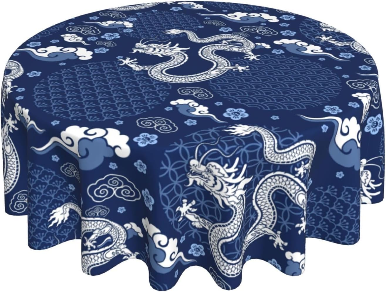 Japanese Tablecloth Round, Blue Traditional Zodiac Dragon Vintage Asian Style Oriental Water Resisitant Table Cover for Dining Kitchen Living Room Home Party Holiday Decor 60 inch Round