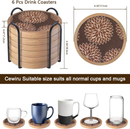 Wood Coasters Set of 6 with Holder, Cewiru Cup Mat for Drinks, Absorbent Coasters with Felt Insert for Coffee Table Protection, Modern Style Home Dining Table Decor, 4.3" Brown