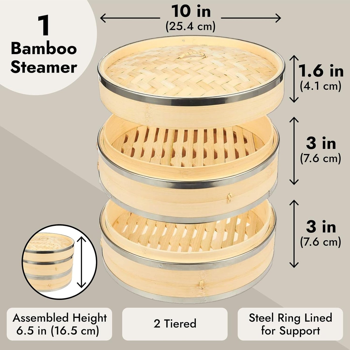 Juvale 2-Tier Steamer Pot Insert with Steel Rings - 10" x 6.5", Beige - Bamboo & Steel Stackable Basket for Rice & Dumpling Steamer for Vegetables