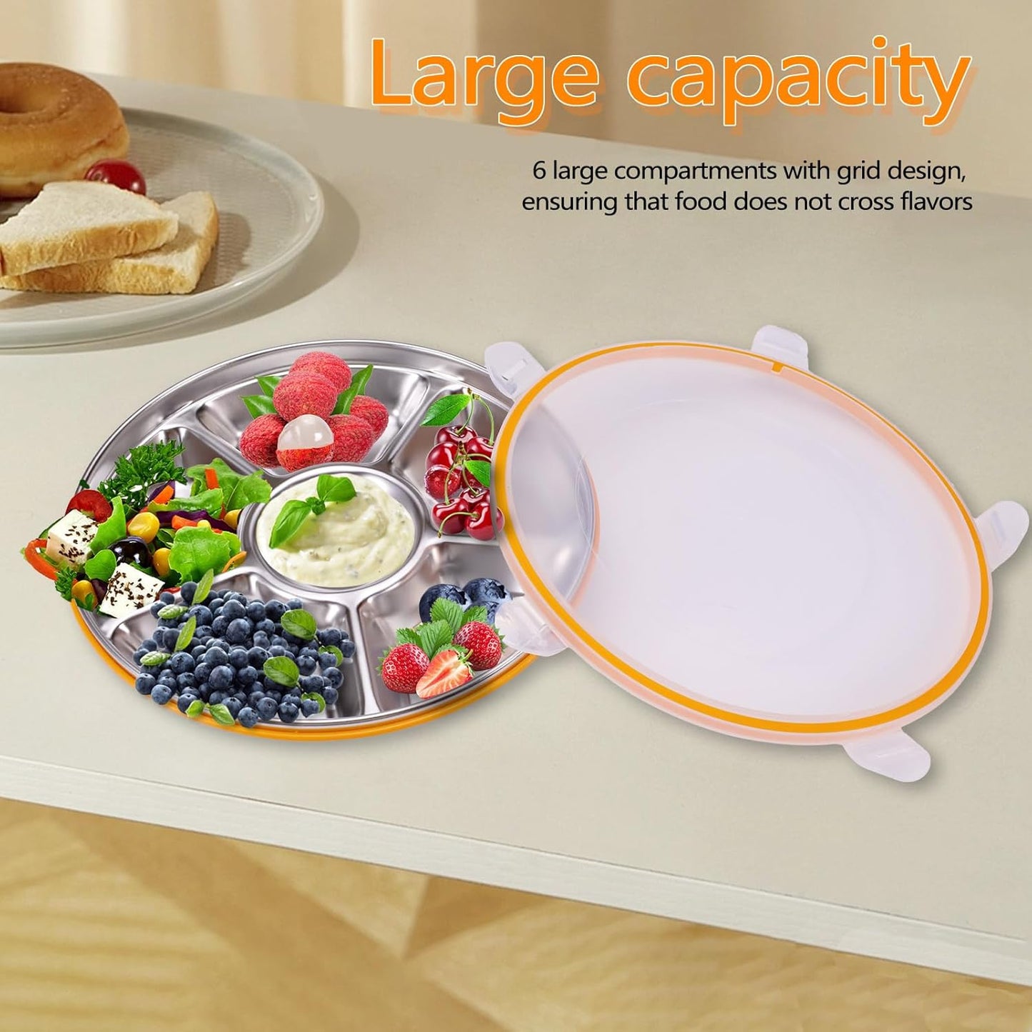 Divided Serving Tray with Lid 6 Compartments, 10.4 Inch Round Vegetable Veggie Tray, Reusable Snack Box Container Fruit Platter Tray for Parties Fridge Food Storage Picnic (2 pcs)