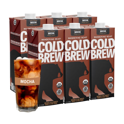 Wandering Bear Organic Mocha Cold Brew Coffee - Strong, Bold, Smooth, Unsweetened, Shelf-Stable, Ready to Drink, Gluten Free, & Vegan Iced Cold Brewed Coffee Drink - 32 fl oz, 6 pack