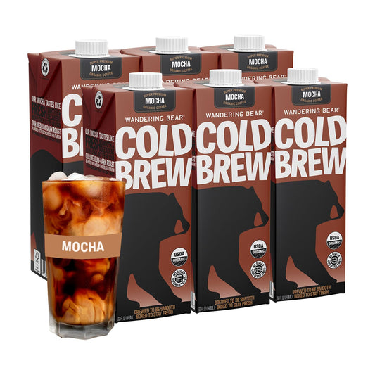 Wandering Bear Organic Mocha Cold Brew Coffee - Strong, Bold, Smooth, Unsweetened, Shelf-Stable, Ready to Drink, Gluten Free, & Vegan Iced Cold Brewed Coffee Drink - 32 fl oz, 6 pack