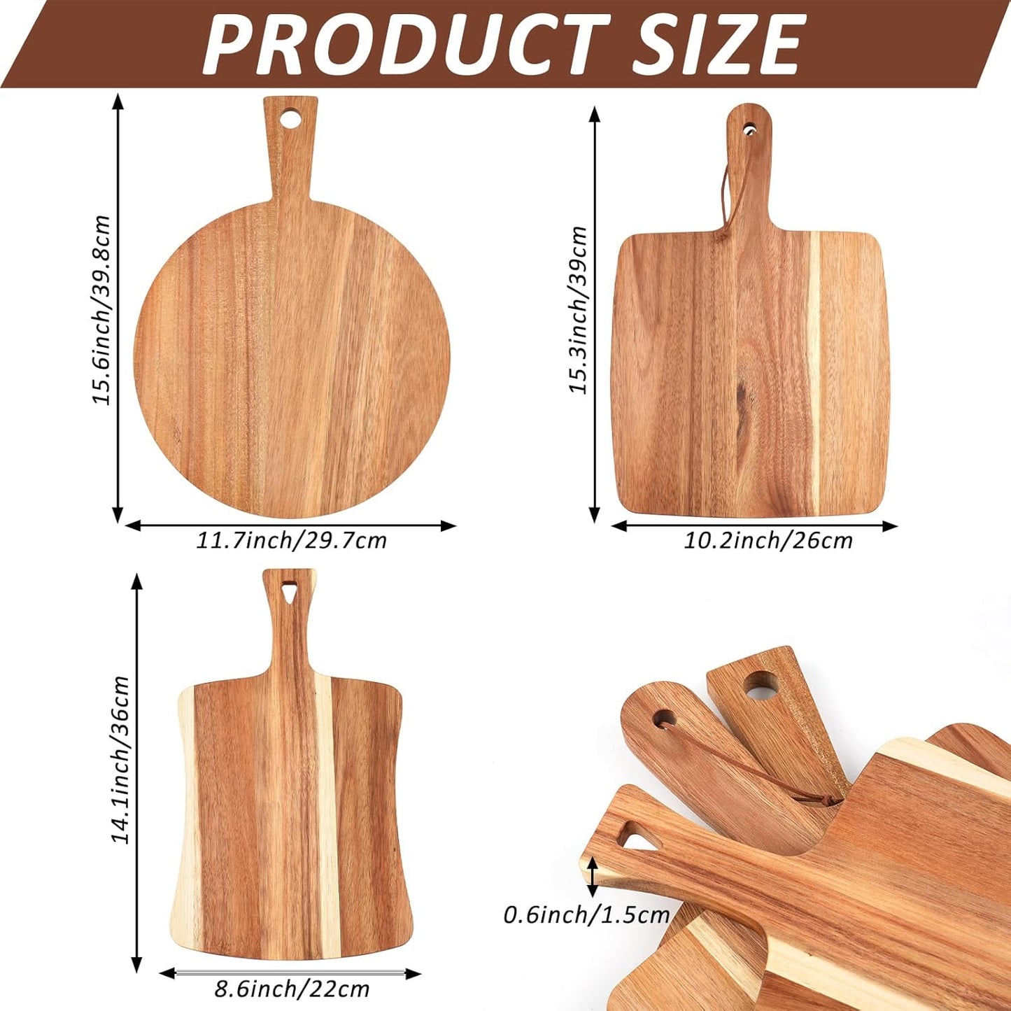3 PCS Acacia Wood Cutting Board with Handle Wooden Large Paddle Carving Chopping Charcuterie Board Set Butter Serving Tray for Cheese Meat Fruit Pizza Bread Baking
