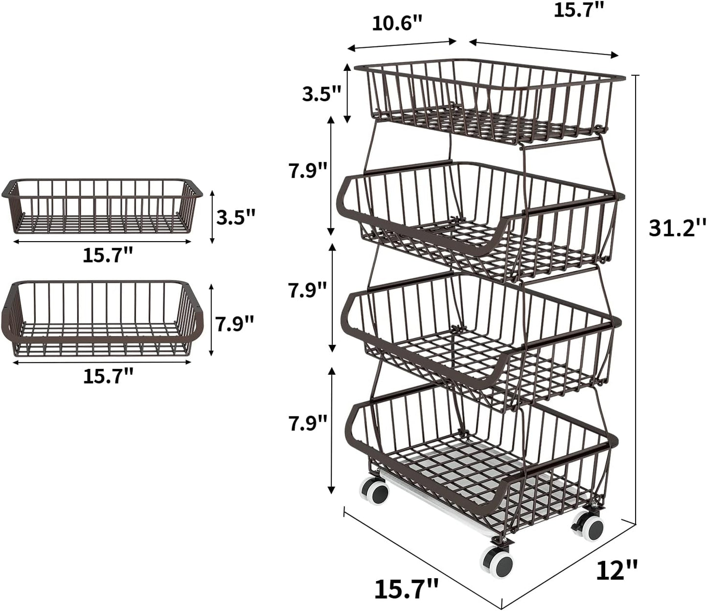 Miyawell Fruit Vegetable Storage Basket for Kitchen - 4 Tier Stackable Metal Wire Baskets Cart with Rolling Wheels Utility Fruits Rack Produce Snack Organizer Bins for Pantry Bathroom Laundry Bronze