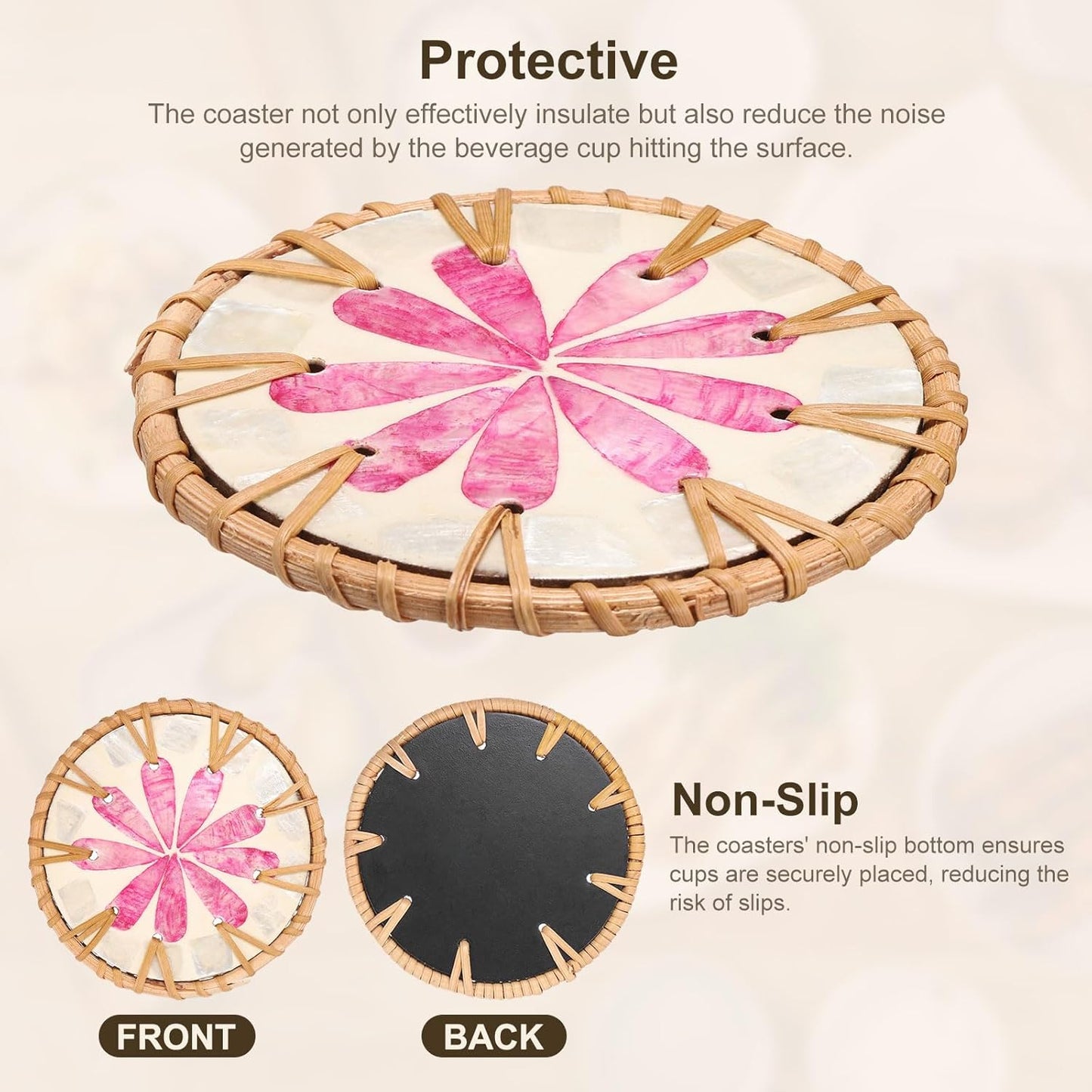 uxcell 2Pcs Handmade Woven Rattan Coasters, Heat-Resistant Drink Coasters for Coffee Table Dining Room Kitchen Coffee Wine Decor, Pink Petal