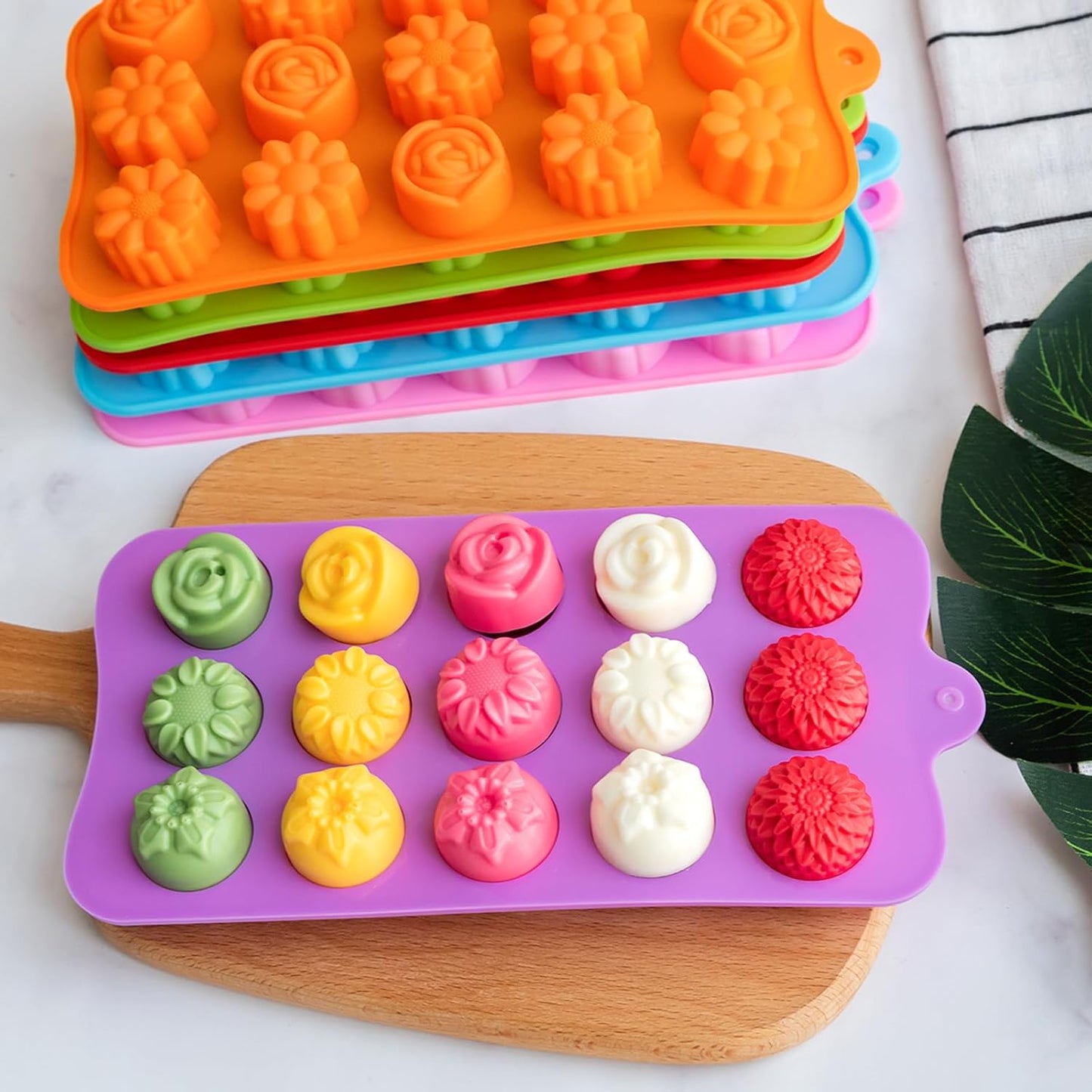 6 Pack Flower Shape Chocolate Candy Molds Silicone, Food-Grade Non-Stick Jello & Baking Molds, Crayon Molds, BPA-Free, Including Heart, Rose, Tulip, Daisy, Sunflower, and Other Flowers (Multicolor)