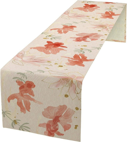 Chinese Goldfish Lotus Table Runner, Asian Oriental Line Art Ink Painting Traditional Culture Table Runner for Home Party Living Room Dinner Kitchen Set, 13x90 Inch