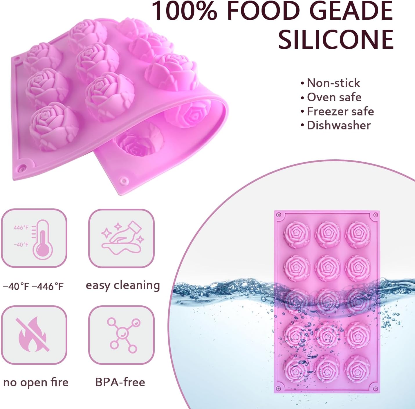 MEMOVAN 15 Cavity Rose Silicone Fondant Mold 2pcs 3D Flower Cake Resin Mold Rose Candy Chocolate Mold Flower Ice Tray Molds for Sugarcraft Cupake Decoration Soap Candle Making Clay Lotion Bar Wax