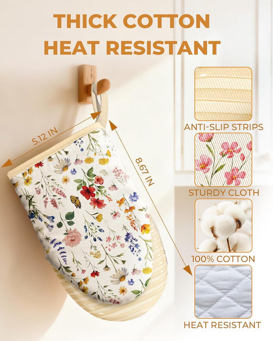 Slohif Vintage Floral Mini Oven Mitts Set – Beige Extended Short Heat Resistant Kitchen Gloves for Women, 100% Cotton Oven Mitts with Silicone Grips, Non-Slip and Thick Durable for Cooking & Baking