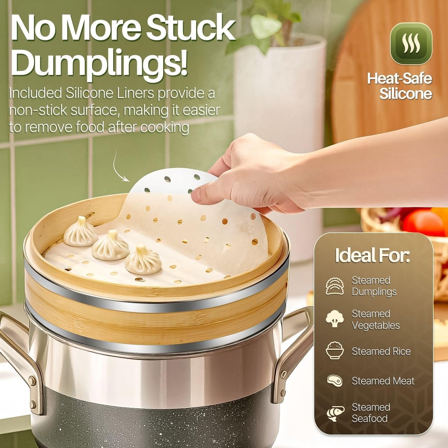 Flexzion Bamboo Steamer Basket Set (10 inch) with Stainless Steel Banding, 50 x Steamer Liners and 2 Pairs of Chopsticks, Steam Baskets for DimSum Dumplings, Rice, Vegetables, Fish and Meat