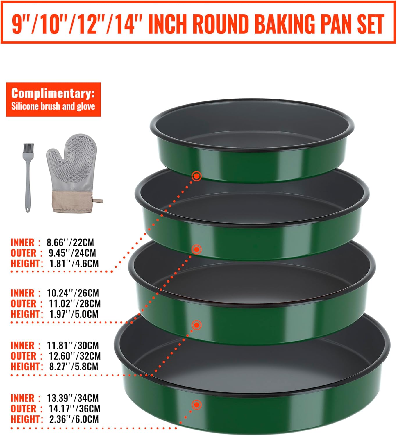 Round Baking Cake Pans Set Roasting Dish 4-Pack 9/10/12/14 Inch Enamel Non Stick Large Cookware for Cake Bread Pie Pizza Turkey Steak, Non-Toxic Carbon Steel Oven Dishwasher Safe Christmas Bakeware