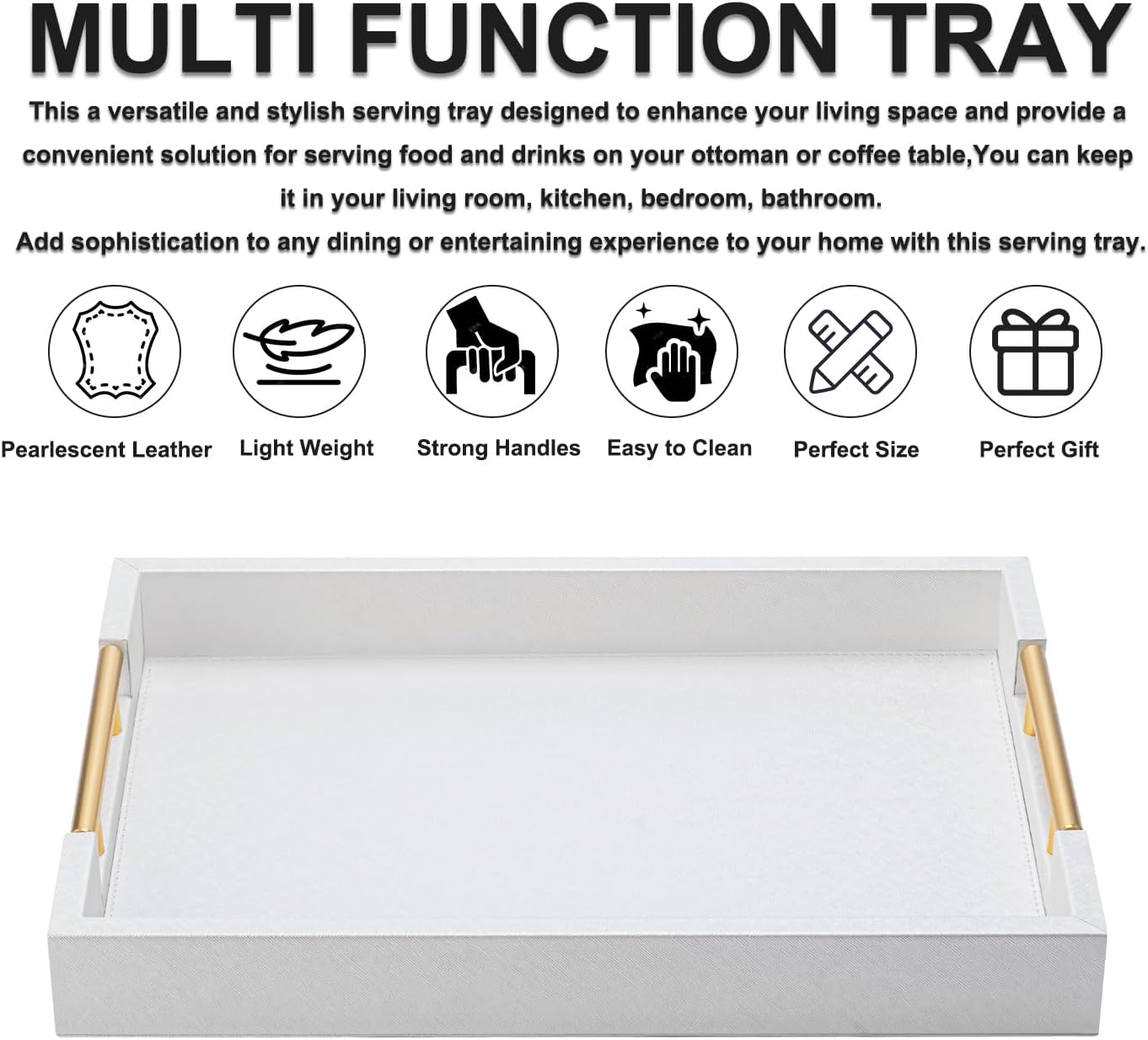 White Decorative Tray for Coffee Table, Modern Large Ottoman Tray for Living Room,Drink Coffee Serving Tray