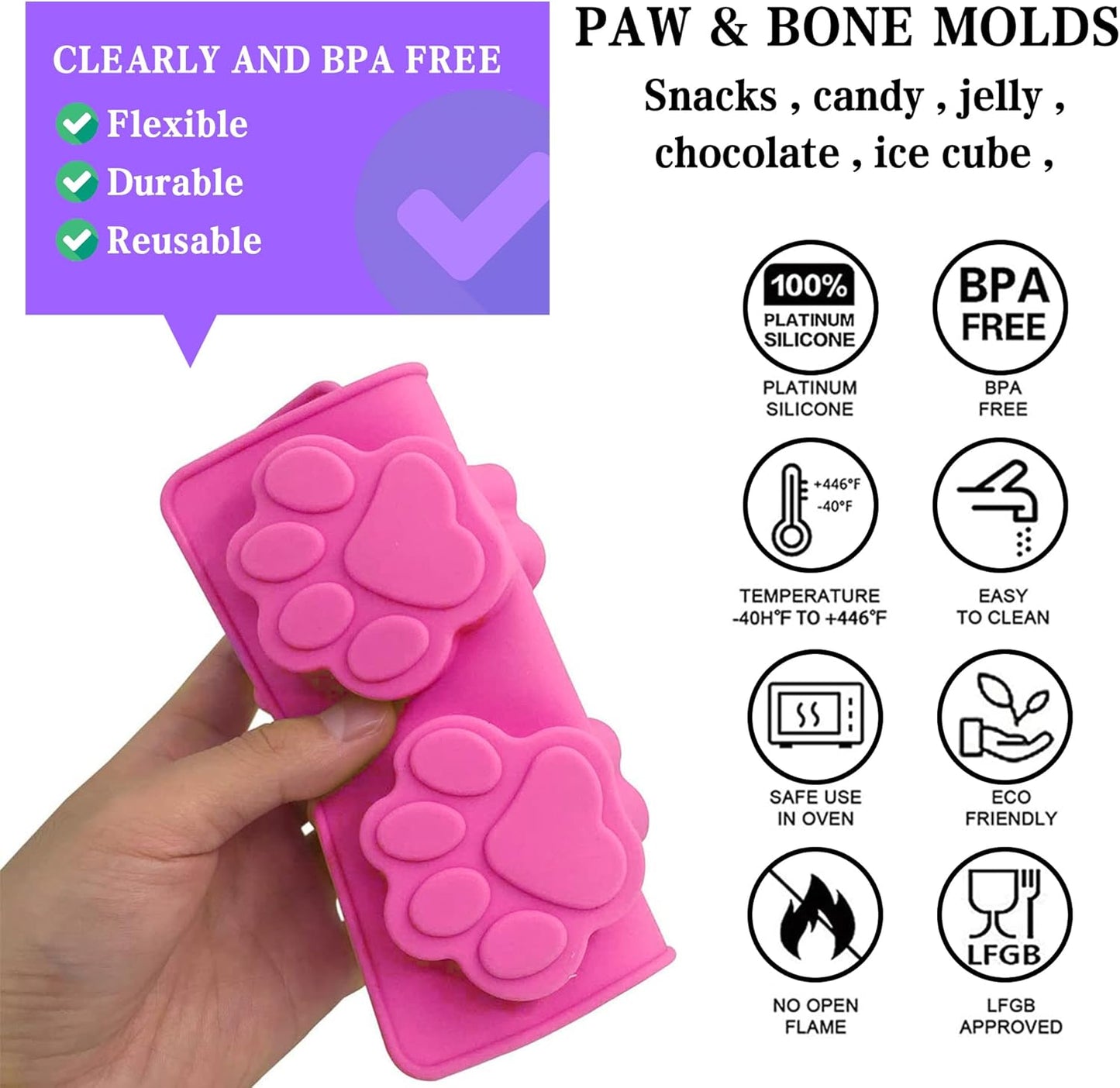 Puppy Dog Paw Silicone Molds,Non-Stick Food Grade Silicone Molds for Chocolate, Candy, Jelly, Ice Cube, Dog Treats Baking Mould(Set of 4PCS) (Blue Pink Purplish Red)