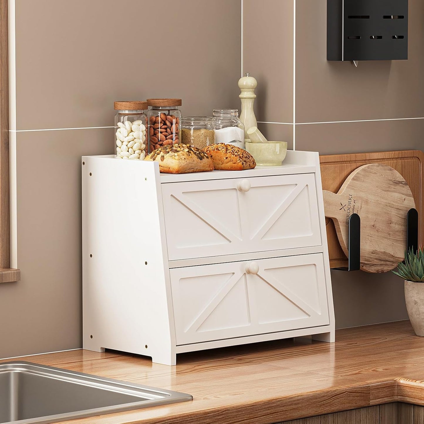 Vintage Double Layer Bread Box for Kitchen Counter Bamboo Bread Storage Container Large Capacity Bread Storage Bin (White)