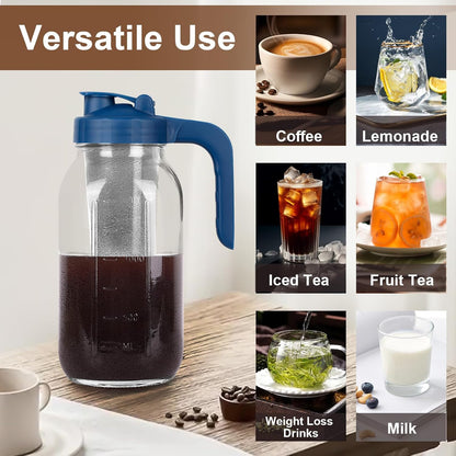 Cold Brew Coffee Maker Pitcher,32 Oz Glass Mason Jar Pitcher with V-shaped Pour Spout Handle Lid,Stainless Steel Filter for Iced Coffee,Iced tea,Breast Milk,Fruit Drinks,lemonade-Blue