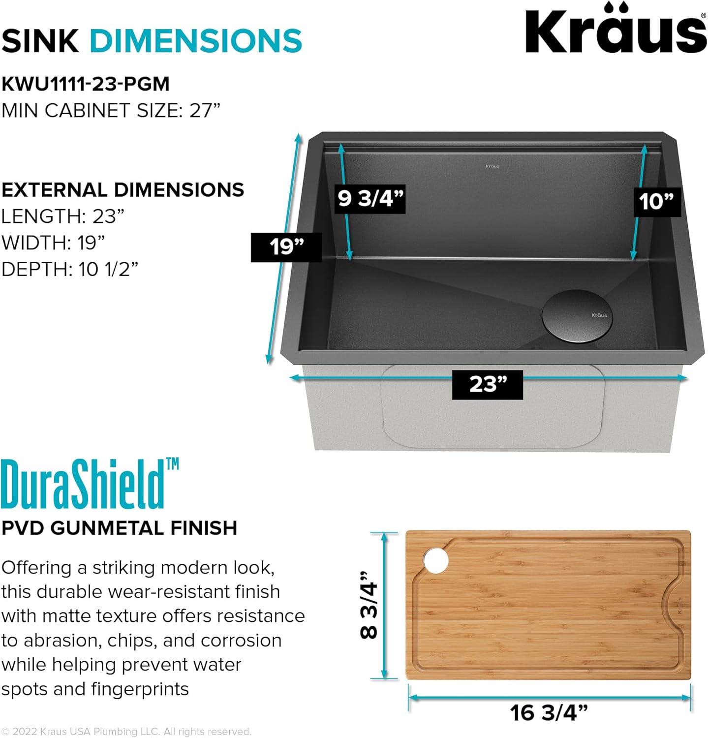 KRAUS Kore 23 Inch Undermount Workstation 16 Gauge Black Stainless Steel Single Bowl Kitchen Sink in PVD Gunmetal Finish with Accessories, KWU1111-23-PGM