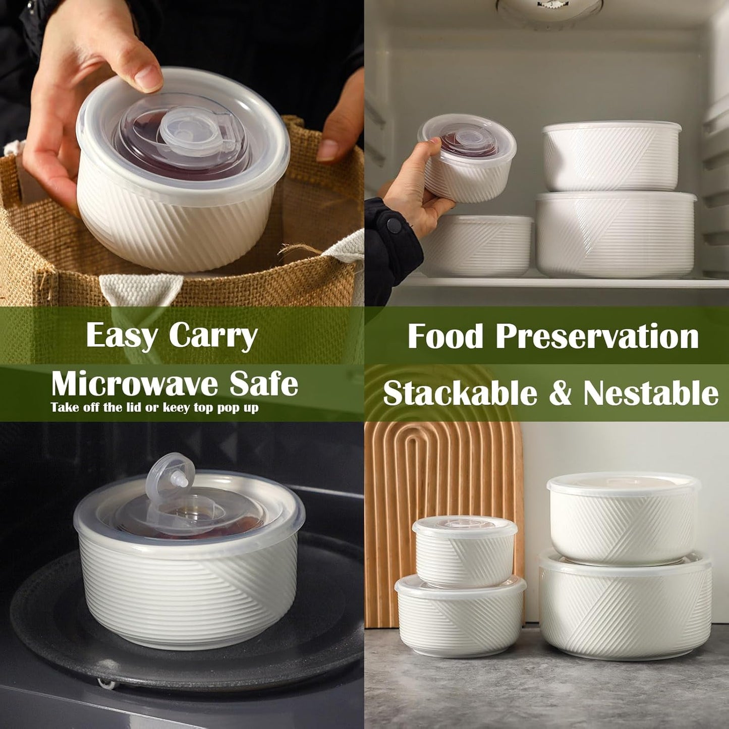 Ceramic Nesting Bowls with Lids: Mixing Bowls with Lids - Porcelain Food Storage Containers For Prep and Serving, Microwavable Kitchen Bowl Set of 4, 50/32/20/10 oz (White)