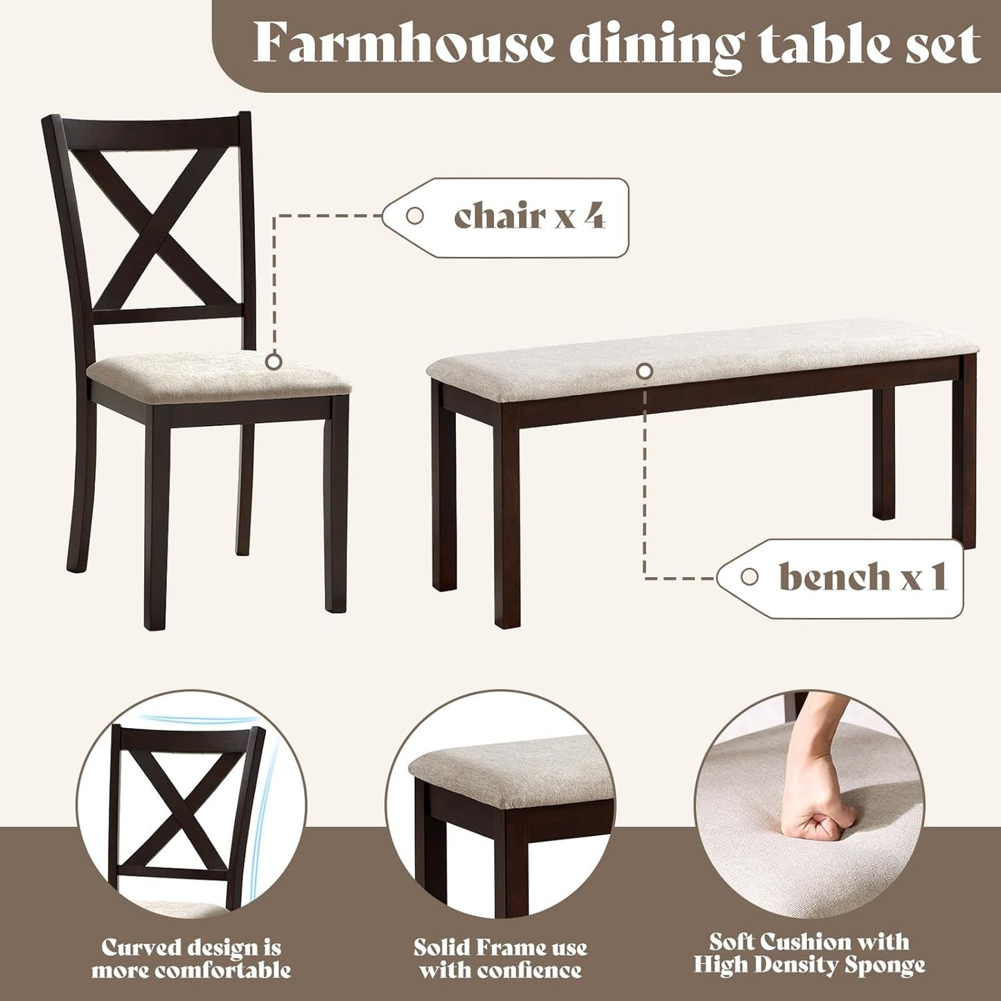 6-Piece Solid Wood Dining Table Set, 71" Farmhouse Kitchen Table with 4 Upholstered Chairs and Bench, Large Dining Room & Kitchen Furniture Set, Brown & Black