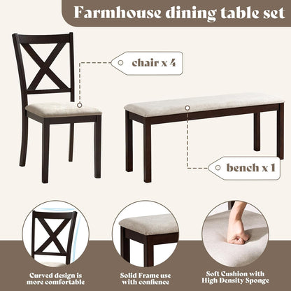 6-Piece Solid Wood Dining Table Set, 71" Farmhouse Kitchen Table with 4 Upholstered Chairs and Bench, Large Dining Room & Kitchen Furniture Set, Brown & Black