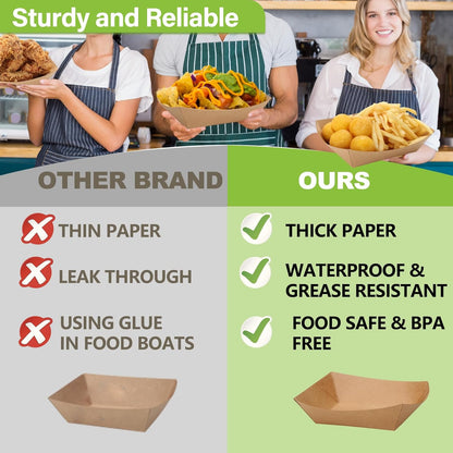 250 Pack 3lb Heavy Duty Kraft Leak Proof Paper Food Boats Disposable Nacho Trays Extra Large Food Serving Holder for Chips, Hot Dogs, Popcorn, Snacks, BBQ, Party, Picnic, Wedding (250)