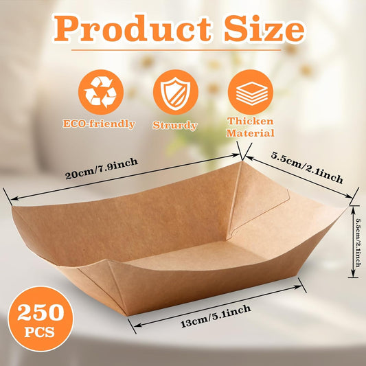 3lb Paper Food Trays, 250 Pcs Disposable Paper Food Boats, Disposable Nacho Trays, Kraft Serving Boats, Party Serving Tray for Nachos, Snacks, Chips, Hot Dogs, Popcorn, Party, Picnic, Wedding