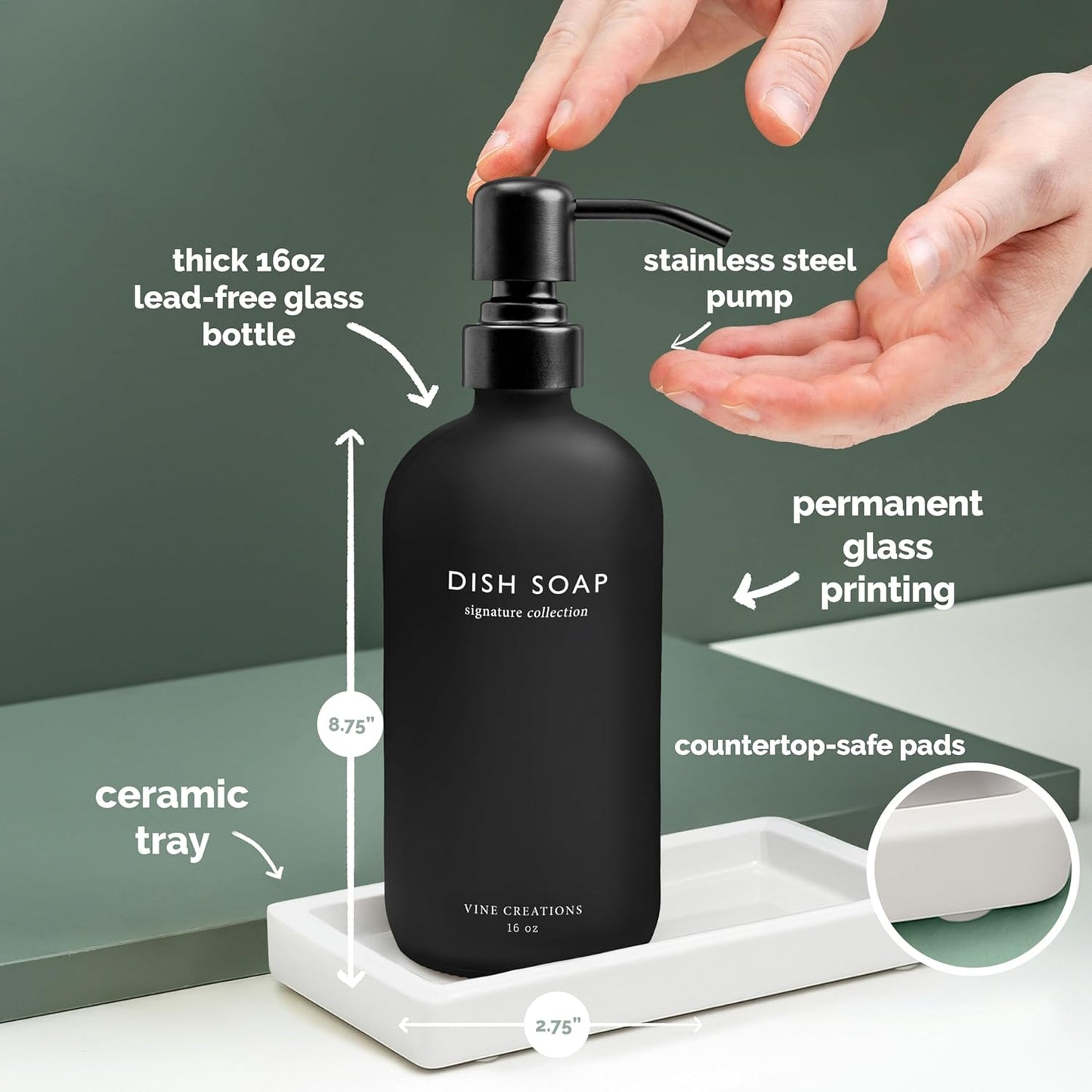 Vine Creations Glass Soap Dispenser Set, Kitchen Soap Dispenser Set with Ceramic Tray, 16 oz Dish Soap and Hand Soap Dispensers with Stainless Steel Pump Decor (White and Black Bottles/Matte Black)