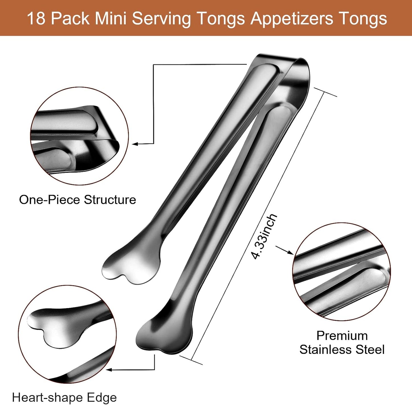 18 Pack Premium Small Serving Tongs, Mini Stainless Steel Appetizer Tongs Black 4.33Inch