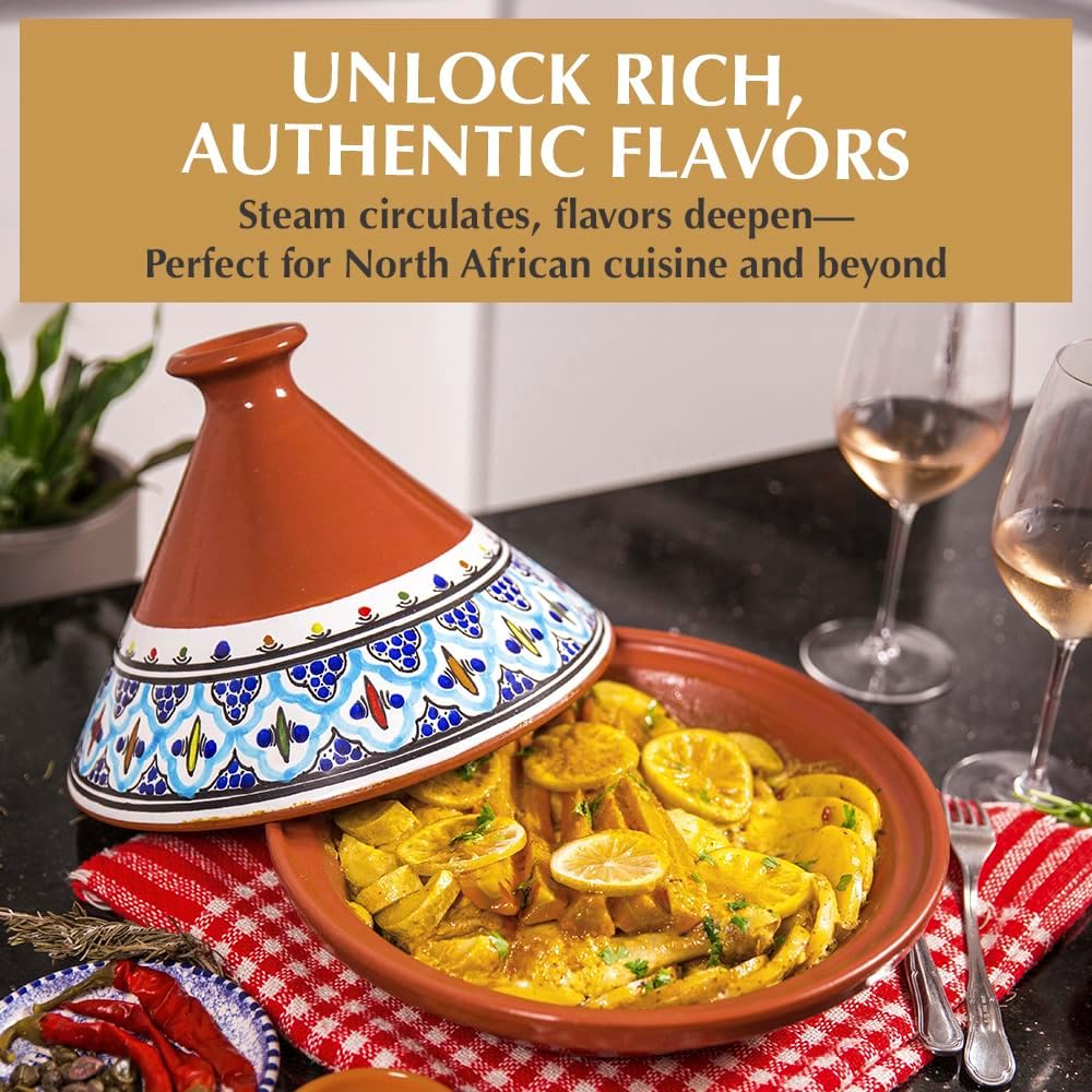 Kamsah Tagine Pot for Cooking and Flavor Enrichment - Medium Clay Pot 10”, 3.1 QT - Non-Stick Handmade Cookware - Moroccan Ceramic Pots for Cooking with Lid & Serving Bowl - Bohemian Supreme Turquoise