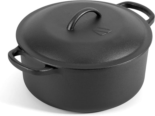 6 QT Basics Cast Iron Dutch Oven Pot with Lid and Dual Handles, Oven Safe up to 500°F Large Cooking Pan,Bread Oven