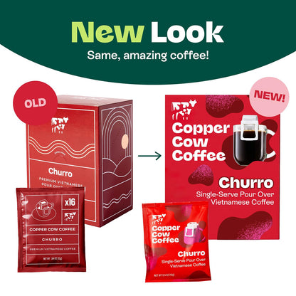 Copper Cow Coffee Premium Pour Over Single-Serve Vietnamese Coffee Pouches (24 pack) | Churro | Dark Roast | Flavored with Real Cinnamon | Convenient Vietnamese Ground Coffee Packets, Travel Friendly