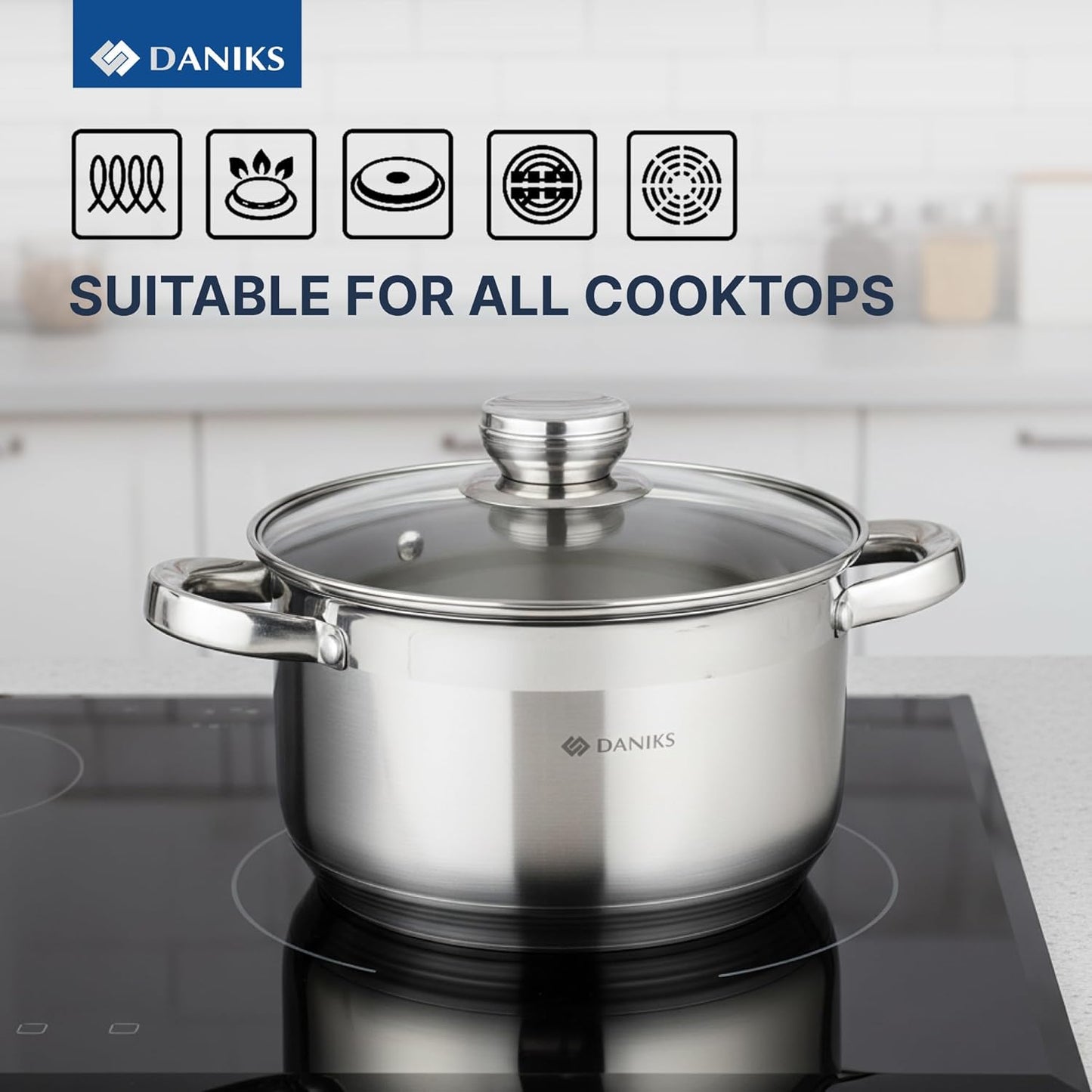 Daniks Standard Stainless Steel Stock Pot with Glass Lid – Induction 4 Quart, Dishwasher Safe, Measuring Scale, For Soup, Pasta, Stew, Silver