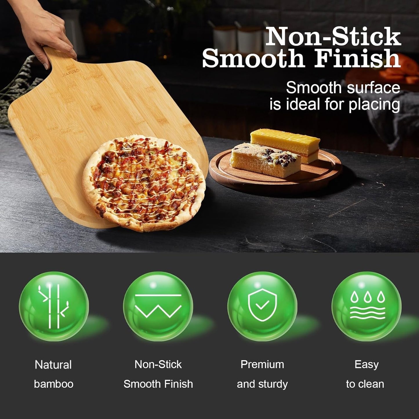 Pizza Peel 14 Inch, Large Bamboo Pizza Paddle Spatula - Wooden Serving Board, Oven Accessory for Baking Homemade, Wood Cutting Board for Cheese Bread Fruit Vegetables