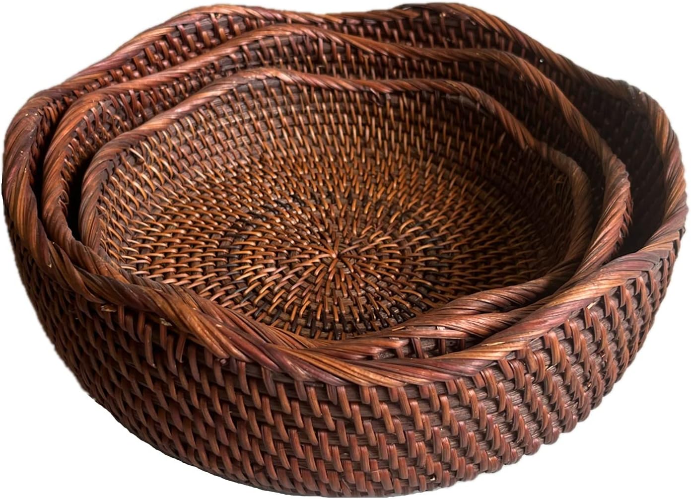 3 Pack Rattan Round Fruit Basket Food Storage Bowls Kitchen Organizer Snack Serving Bowl 9 10 11 Inch Wavy Edge Circle Tray Basket with 3” Deep Wall, Dark Brown Décor Display Tray Bowl 3-Size