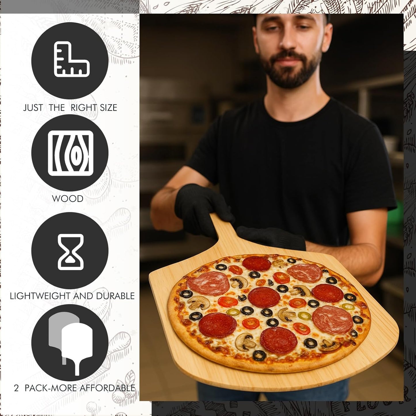 Bokon 2 Pack Wooden Pizza Peel, 16 x 14 Inch Large Pizza Paddle Set with 4 Inch Wooden Handle for Oven, Stone, Pan or Grill, Spatula for Baking Bread and Cake - Indoor & Outdoor