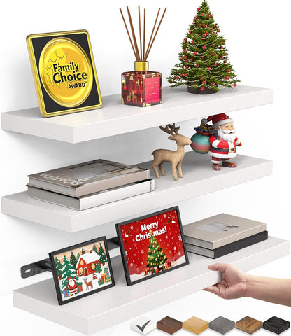 BAYKA White Floating Shelves for Wall – Rustic Wood Wall Shelves with Metal Brackets for Bathroom, Bedroom, Kitchen, or Living Room Decor Organization – Set of 3, Sturdy Storage with 22lb Capacity