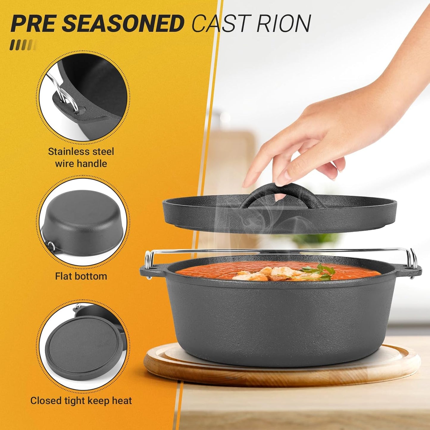 Cast Iron Dutch Oven Pot with Lid, for Small Dishes, Side Dishes, Camping Cookware set, BBQ, Garlic Roaster, 1.5 Quart Pan