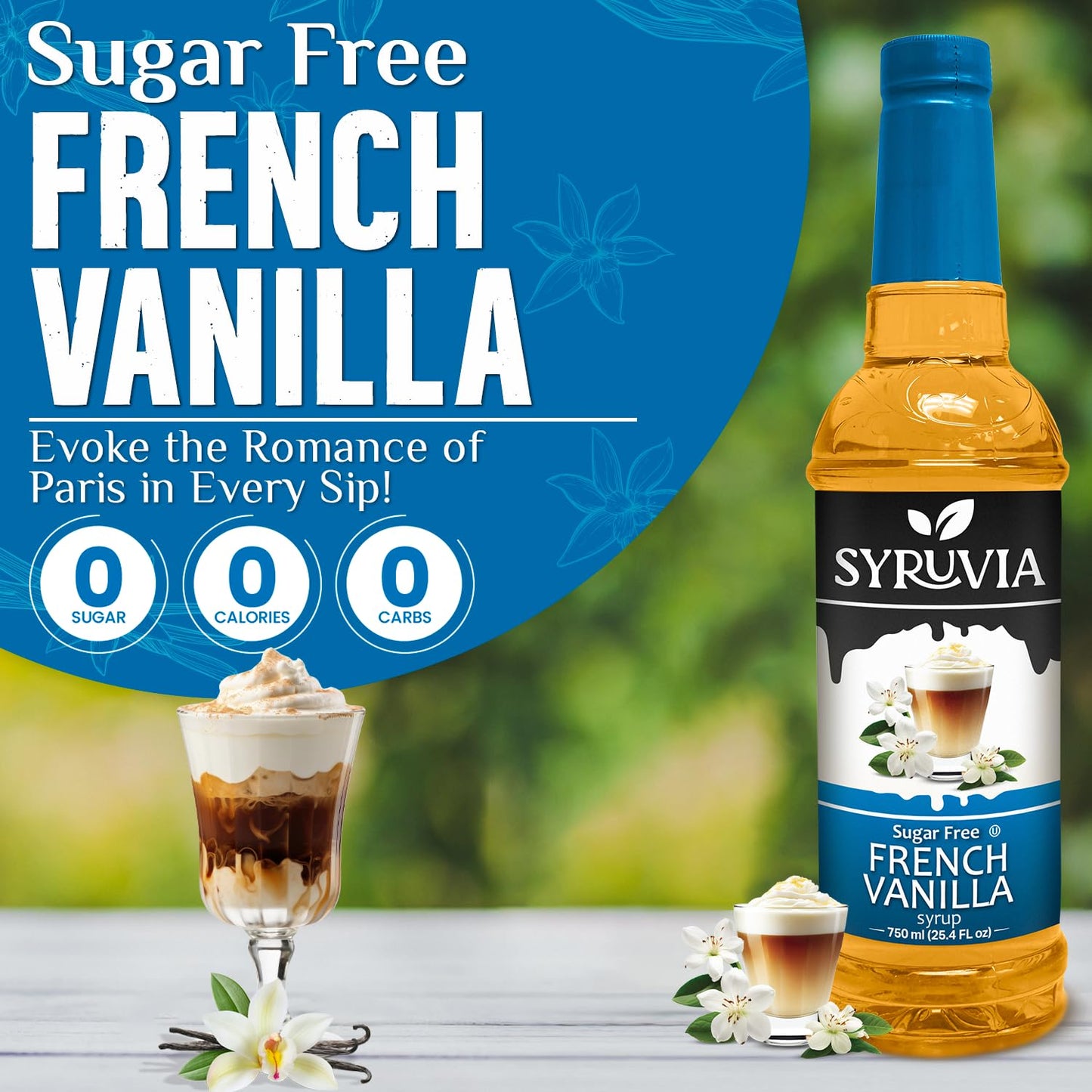 Syruvia Sugar Free Coffee Syrup, French Vanilla Flavored Syrup for Drinks, Lattes, and Desserts – 25.4 fl oz
