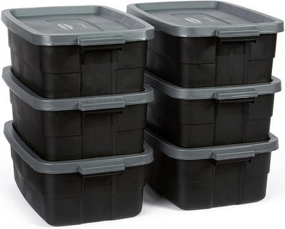 Rubbermaid 6-Pack Totes for Storage with Lids, Heavy Duty Plastic Storage Bins with Lids, Black Gray, 10 GAL - Stackable for Garage, Attic, Camping (10 GAL - 6 Pack Solid Black and Grey)