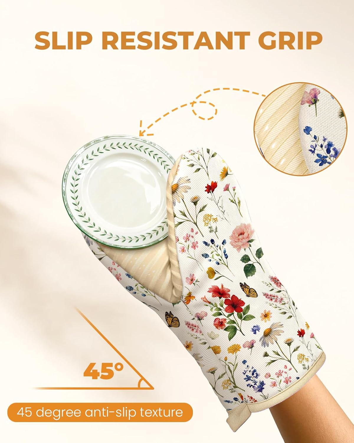 Slohif Vintage Floral Mini Oven Mitts Set – Beige Extended Short Heat Resistant Kitchen Gloves for Women, 100% Cotton Oven Mitts with Silicone Grips, Non-Slip and Thick Durable for Cooking & Baking