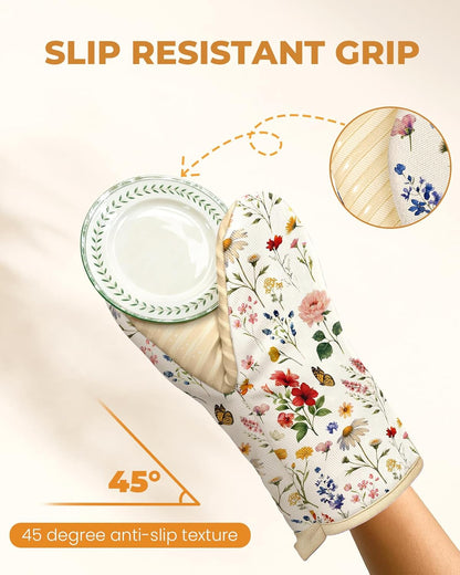 Slohif Vintage Floral Mini Oven Mitts Set – Beige Extended Short Heat Resistant Kitchen Gloves for Women, 100% Cotton Oven Mitts with Silicone Grips, Non-Slip and Thick Durable for Cooking & Baking