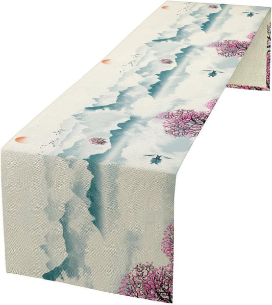 Asian Landscape Table Runner, Cherry Tree Chinoiserie Vintage Ink Wash Pink Blue Setting Sun Table Runner for Kitchen Home Party Dining Table Decor 13x120 Inch