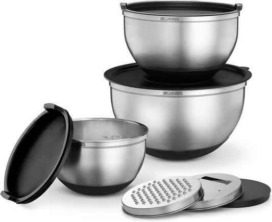 Belwares Mixing Bowls with Lids Set - Stainless Steel Nesting Bowls with Graters, Pour Spout & Non-Slip Base - Kitchen Mixing Bowls for Cooking, Baking, Salad Prep & Food Storage (Set of 3)