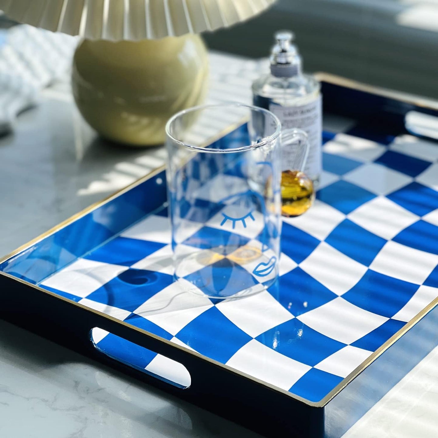 Zosenley Decorative Tray, Marbling Plastic Tray with Handles, Rectangular Vanity Tray and Serving Tray for Bathroom, Kitchen, Ottoman Tray and Coffee Table, 15.6" x 10.2" (Blue and White Checkered)