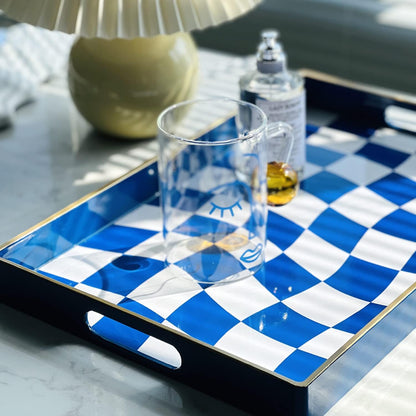 Zosenley Decorative Tray, Marbling Plastic Tray with Handles, Rectangular Vanity Tray and Serving Tray for Bathroom, Kitchen, Ottoman Tray and Coffee Table, 15.6" x 10.2" (Blue and White Checkered)