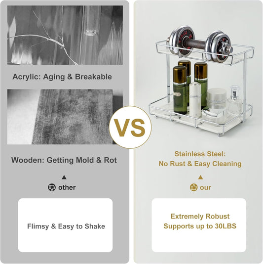 Bathroom Organizer Countertop Perfume Organizer Makeup Organizer Cosmetics Storage Display Rack Vanity Tray Dresser Stainless Steel Gold Shelf White Marble Ceramic Tray (2 Tier L-Sliver)