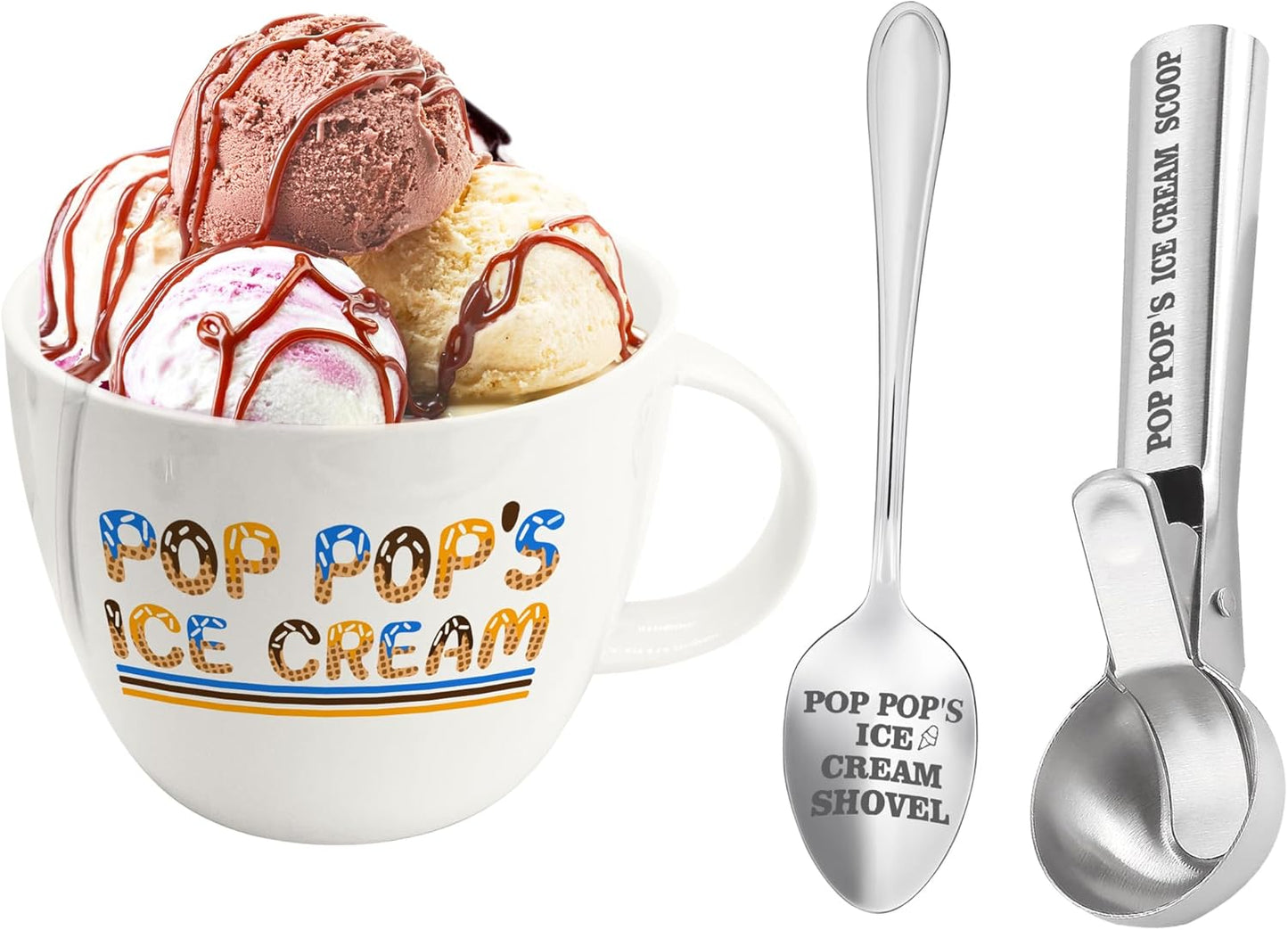 Christmas Pop Pop Gifts, Gifts for Poppop from Grandkids, Pop Pop's Ice Cream Bowl Scoop Shovel Spoon Set, Pop-Pop’s Ice Cream Gift, Ideal Xmas Birthday Father's Day Man Gifts